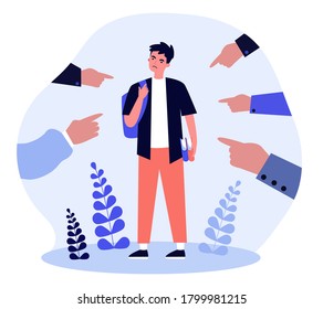 Society blaming upset student. Hands of people pointing at angry guy flat vector illustration. Accusation, anger, judgment concept for banner, website design or landing web page