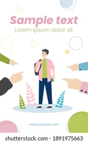 Society blaming upset student. Hands of people pointing at angry guy flat vector illustration. Accusation, anger, judgment concept for banner, website design or landing web page
