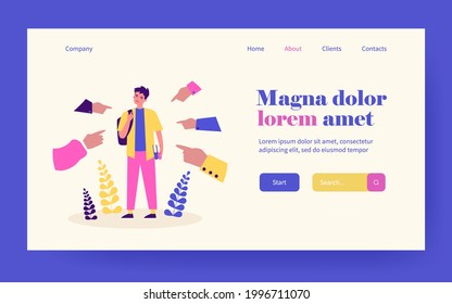 La sociedad culpa a un estudiante disgustado. Manos de personas apuntando a un tipo furioso con ilustración vectorial plana. Acusación, ira, concepto de juicio para banner, diseño de sitio web o página web de aterrizaje