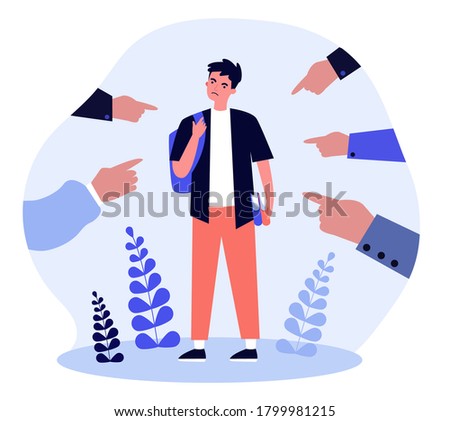 Society blaming upset student. Hands of people pointing at angry guy flat vector illustration. Accusation, anger, judgment concept for banner, website design or landing web page