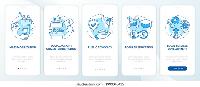 Society change strategies onboarding mobile app page screen with concepts. Popular education walkthrough 5 steps graphic instructions. UI, UX, GUI vector template with linear color illustrations