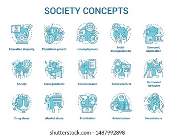 Society concept icons set. Social issues, behavioral problems idea thin line illustration. Violence and abuse, unemployment, crimes. Social conflicts. Vector isolated outline drawing. Editable stroke