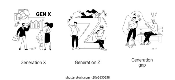 Society development abstract concept vector illustration set. Generation X and Z, young people and parents conflict, generation gap, middle age work-life balance, social media abstract metaphor.