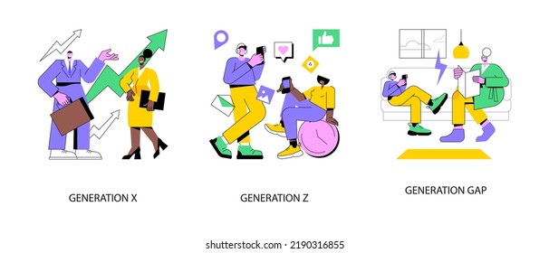 Society development abstract concept vector illustration set. Generation X and Z, young people and parents conflict, generation gap, middle age work-life balance, social media abstract metaphor.