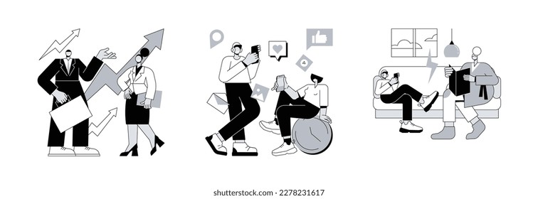 Society development abstract concept vector illustration set. Generation X and Z, young people and parents conflict, generation gap, middle age work-life balance, social media abstract metaphor.