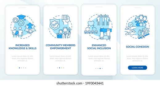 El desarrollo de la sociedad se beneficia de incorporar la pantalla de la página de aplicaciones móviles con conceptos. Mayor conocimiento a través de 4 pasos de instrucciones gráficas. UI, UX, plantilla de vector GUI con ilustraciones de color lineales