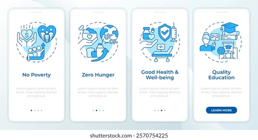 Society development blue onboarding mobile app screen. Walkthrough 4 steps editable graphic instructions with linear concepts. UI, UX, GUI template