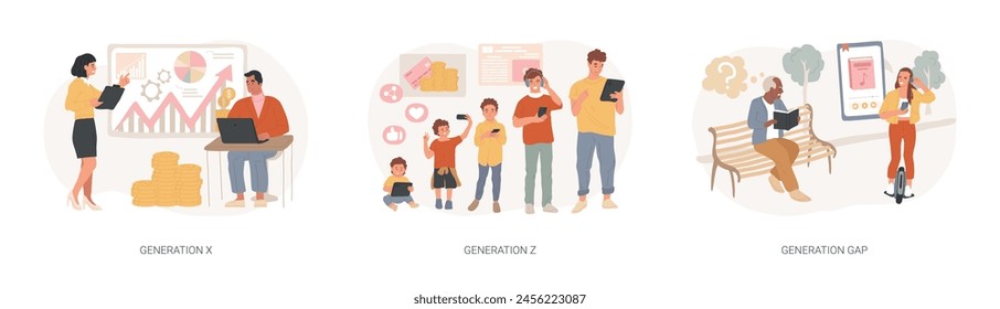 Society Development Isolated Concept Vektorillustration Set. Generation X und Z, Konflikte zwischen Jugendlichen und Eltern, Generationslücke, Vereinbarkeit von Beruf und Privatleben im mittleren Lebensalter, Social Media Vektorgrafik Konzept.