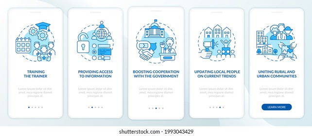 Society development onboarding mobile app page screen with concepts. Cooperation with government walkthrough 5 steps graphic instructions. UI, UX, GUI vector template with linear color illustrations