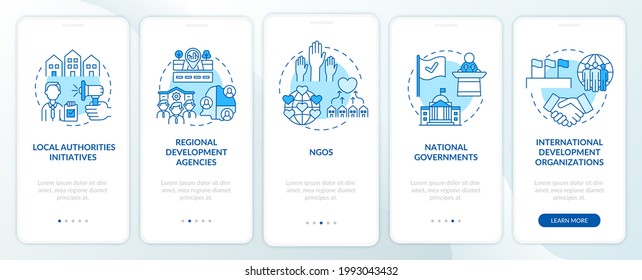 Society development programs levels onboarding mobile app page screen with concepts. Volunteering walkthrough 5 steps graphic instructions. UI, UX, GUI vector template with linear color illustrations
