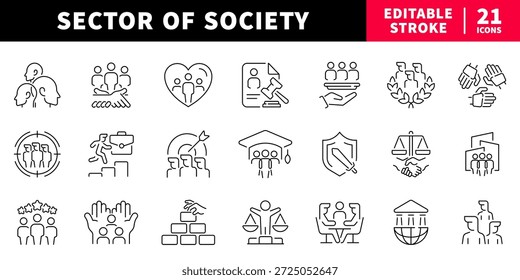 Gesellschaft editierbare Linie Icons gesetzt: Gemeinschaft, Kulturgestaltung