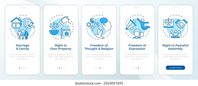 Society freedom rights blue onboarding mobile app screen. Walkthrough 5 steps editable graphic instructions with linear concepts. UI, UX, GUI template