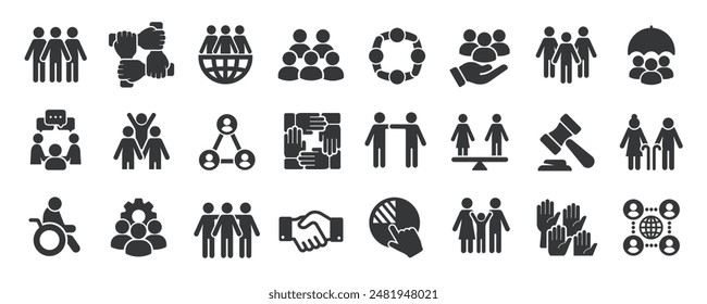 Society glyph solid icons collection. Containing cooperation, family, responbility, tolerance, social. For website marketing design, logo, app, template, ui, etc. Vector illustration.