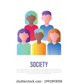 Society, group of people, crowd. Gradient icon. Caucasian and afro american people. Diversity and equality. Vector illustration.