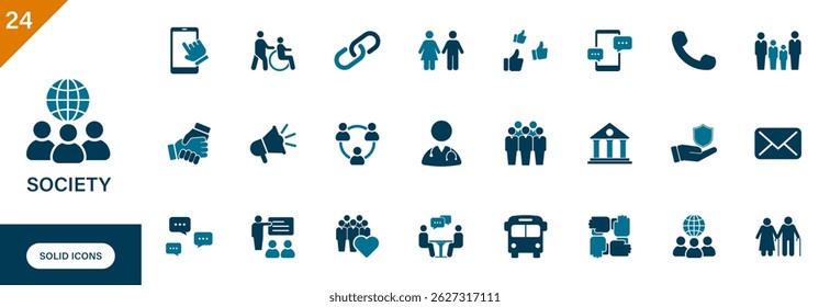 Society icon. Containing community, support, public, social network, communication, people. Solid vector icons set.