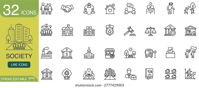 Society icon line editable stroke community family handshake city minimal outline set for social service law education health transport government charity business home park
