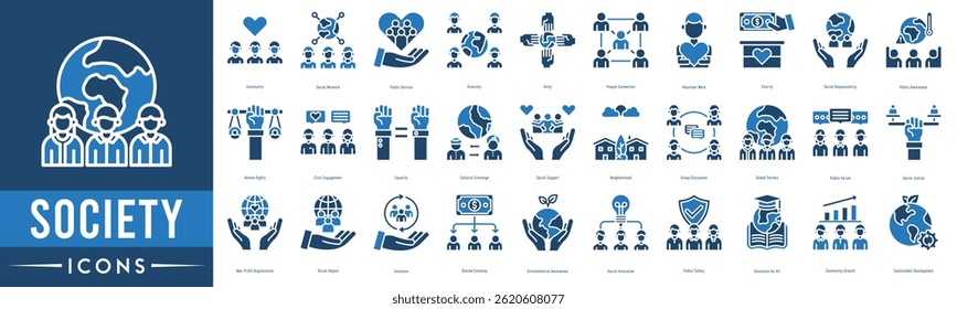 Society Icon set. Community, Social Network, Public Service, Diversity, Unity, People Connection and Volunteer Work