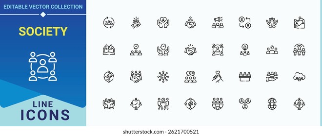 Society icon set. Containing trust, people, support, human, collaboration and more. Community simple icon set. Trendy minimal icons. Editable stroke. Vector illustration.