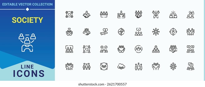 Society icon set. Contains such symbols as trust, people, collaboration, human, relationship, unity and more. Community icon set. Line symbol and sign. Vector artwork and illustration.