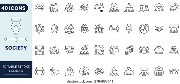 Society icon set in outline style. Collection of society, community, people, social, public, and group icons. Editable stroke. Vector icon collection.