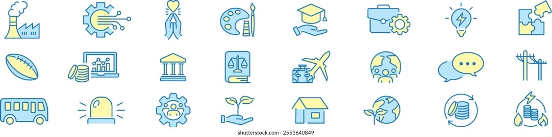 society icon set. technology education healthcare agriculture energy transportation speech justice art editable stroke line vector icons collection illustration