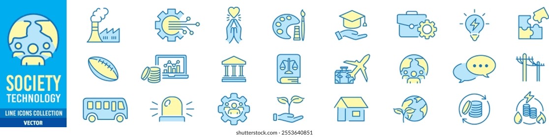 society icon set. technology education healthcare agriculture energy transportation speech justice art editable stroke line vector icons collection illustration