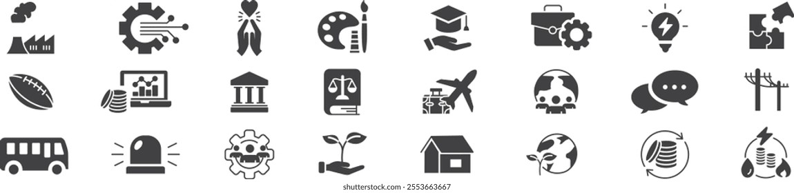 society icon set. technology education healthcare agriculture energy transportation speech justice art editable stroke line vector icons collection illustration