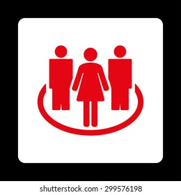 Society icon. Vector style is red and white colors, flat rounded square button on a black background.