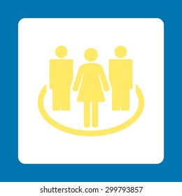Society icon. Vector style is yellow and white colors, flat rounded square button on a blue background.