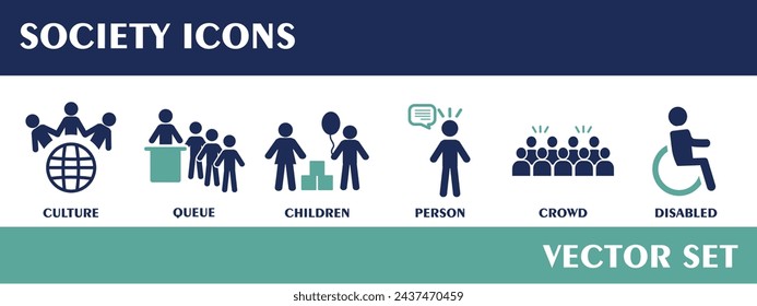 Society icons. Containing culture, queue, children, person, crowd, disabled. Flat Design Vector Set.
