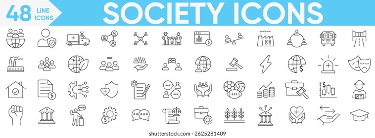 Society icons set.education, healthcare, energy, routine, business, society, finance, technology, transportation, arts, justice and more.Vector and illustrator set.