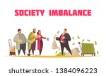 Society imbalance flat cartoon horizontal composition with rich man holding sack dollars and poor beggars vector illustration