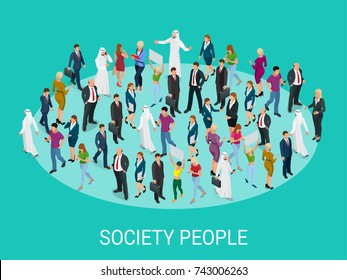 Society isometric background with people of different occupations. People meeting, discussing, planning, brainstorming at the blackboard