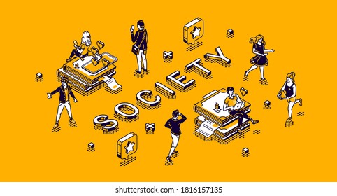 Society isometric concept with tiny characters living routine. People using gadgets, engage sports activity, communicate in internet networks, studying and working 3d vector line art illustration