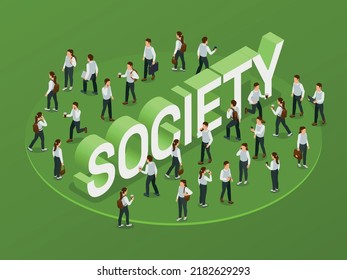 Society Isometric Green Background With Walking Teens Communicating By Phone Vector Illustration