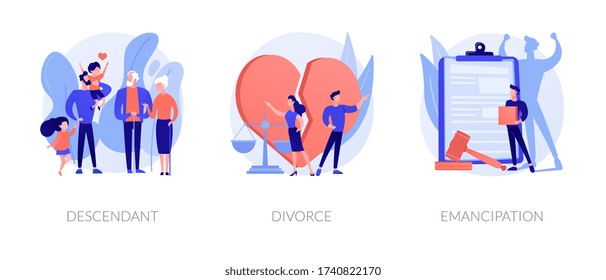 La sociedad emite metáforas. Descendente, divorcio, emancipación. Anulación matrimonial, derechos sociales, igualdad de género. Esposa y marido descomponen el conjunto de ilustraciones vectoriales conceptuales abstractas.