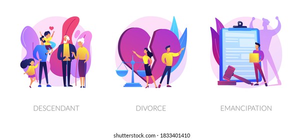 Society issues metaphors. Descendant, divorce, emancipation. Marriage annulment, social rights, gender equality. Wife and husband break up abstract concept vector illustration set.