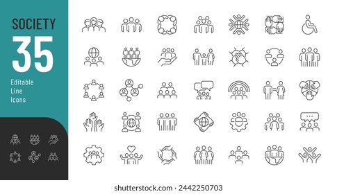 Bearbeitungsfähige Symbole für Gesellschaftslinien festgelegt. Vektor-Illustration in modernen dünnen Linien-Stil von Menschen verwandte Icons: soziale Gruppe, Vielfalt, Kommunikation, und mehr. Piktogramme und Infografiken für mobile Apps.