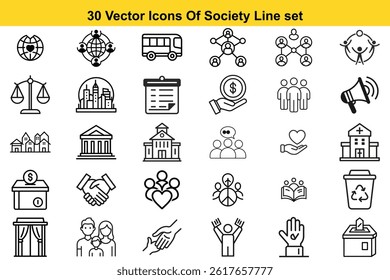 Society Line Editable Icons set. Collection. Vector illustration in contemporary minimal line style featuring people-themed icons: community group, inclusivity, interaction, and more.