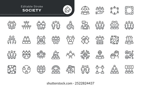 Conjunto de ícones de linha de sociedade. Grupo social, pessoas, comunicação, comunidade humana, interação, unificação e outros. Ícone Contorno em estilo linear. Coleção de vetores.	

