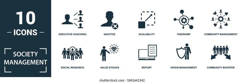 Society Management Icon Set. Collection Of Simple Elements Such As The Community Connection, Engagement, Social Research, Value Stocks. Society Management Theme Signs.