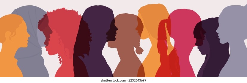 Society of multiethnic women and girls. Friendship and communication between women of different cultures and ages. Woman profile silhouette.