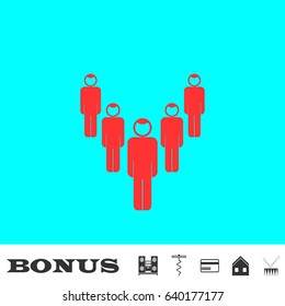 Society of people icon flat. Red pictogram on blue background. Vector illustration symbol and bonus buttons Music center, corkscrew, credit card, house, drum