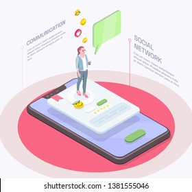 Society people isometric composition with woman character on top of smartphone with pictogram icons and text vector illustration