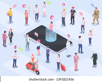 Society People Isometric Concept With Composition Of Human Characters Emoticon Pictograms Thought Bubble Pictograms And Smartphone Vector Illustration