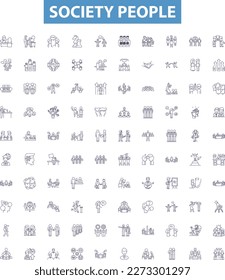 Society people line icons, signs set. Society, people, culture, community, mankind, human, citizens, class, families outline vector illustrations.