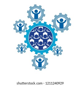 Society and Person interaction creative logo, unique vector symbol created with different icons. System and social Matrix sign. Person and society interacts with each other. 