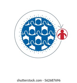 Society and Person interaction creative logo, unique vector symbol created with different icons. System and social Matrix sign. Person and society interacts with each other. 