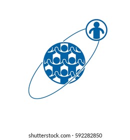 Society and Person interaction creative logo, unique vector symbol created with different icons. System and social Matrix sign. Person and society interacts with each other. 