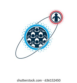 Society and Person interaction creative logo, unique vector symbol created with different icons. System and social Matrix sign. Person and society interacts with each other. 